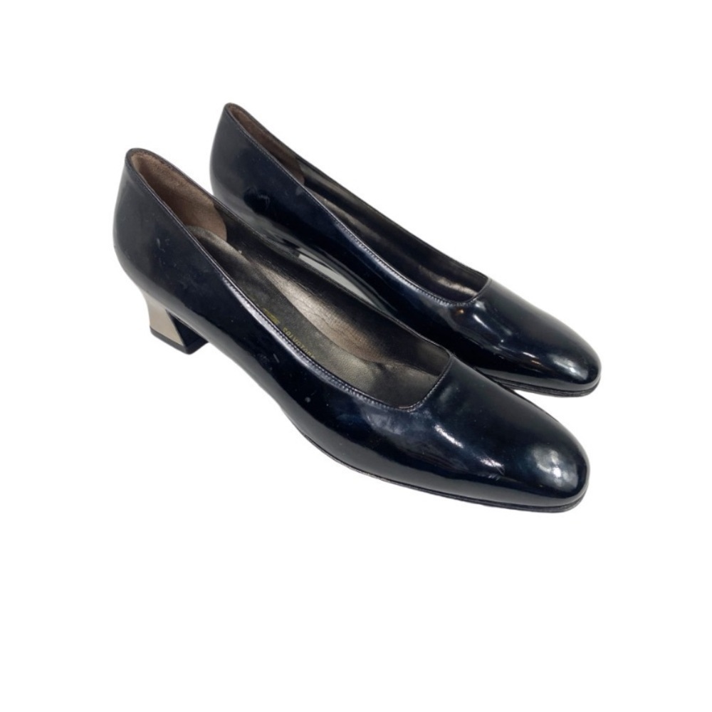SALVATORE FERRAGAMO Vintage Patent Leather Black Block Low Heel Narrow Size 8